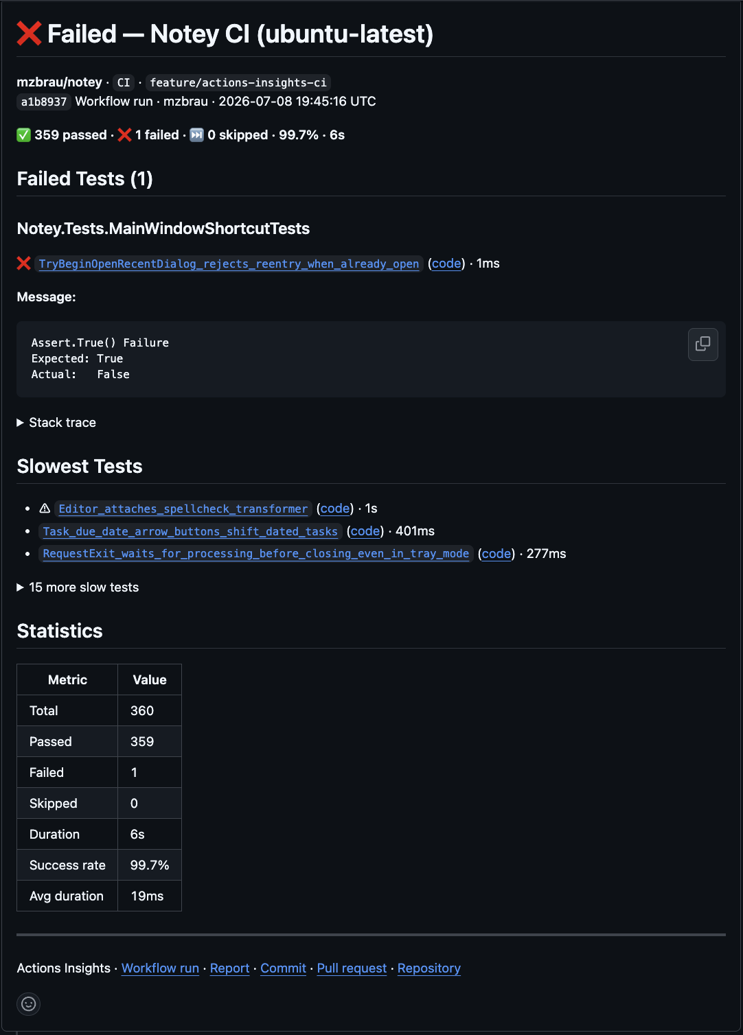PR comment with failure details and stack trace