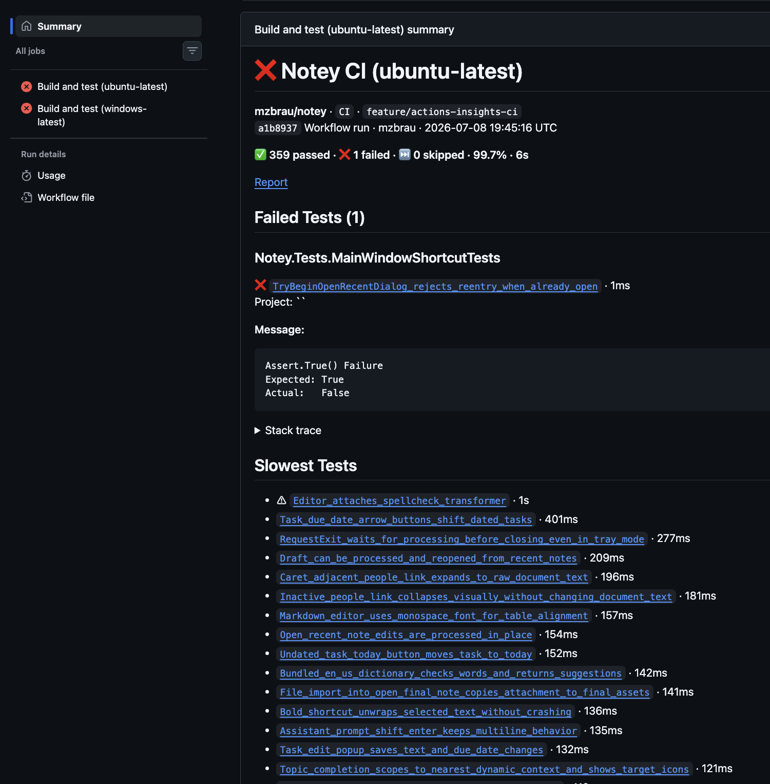 Workflow summary with failed tests table
